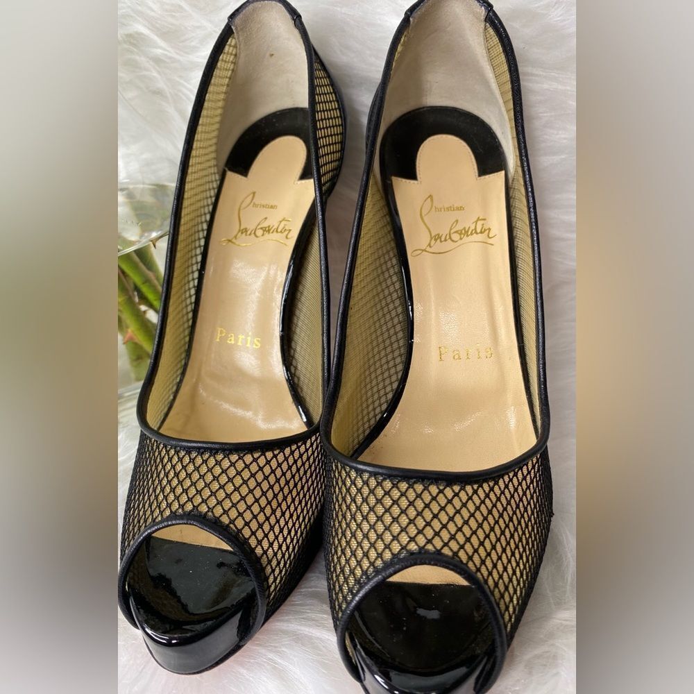 Christian Louboutin “Very Rete 120” Black Mesh Peep Toe Heels